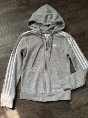 adidas Youth Grey Hooded Zip-Up Jacket with White Stripes